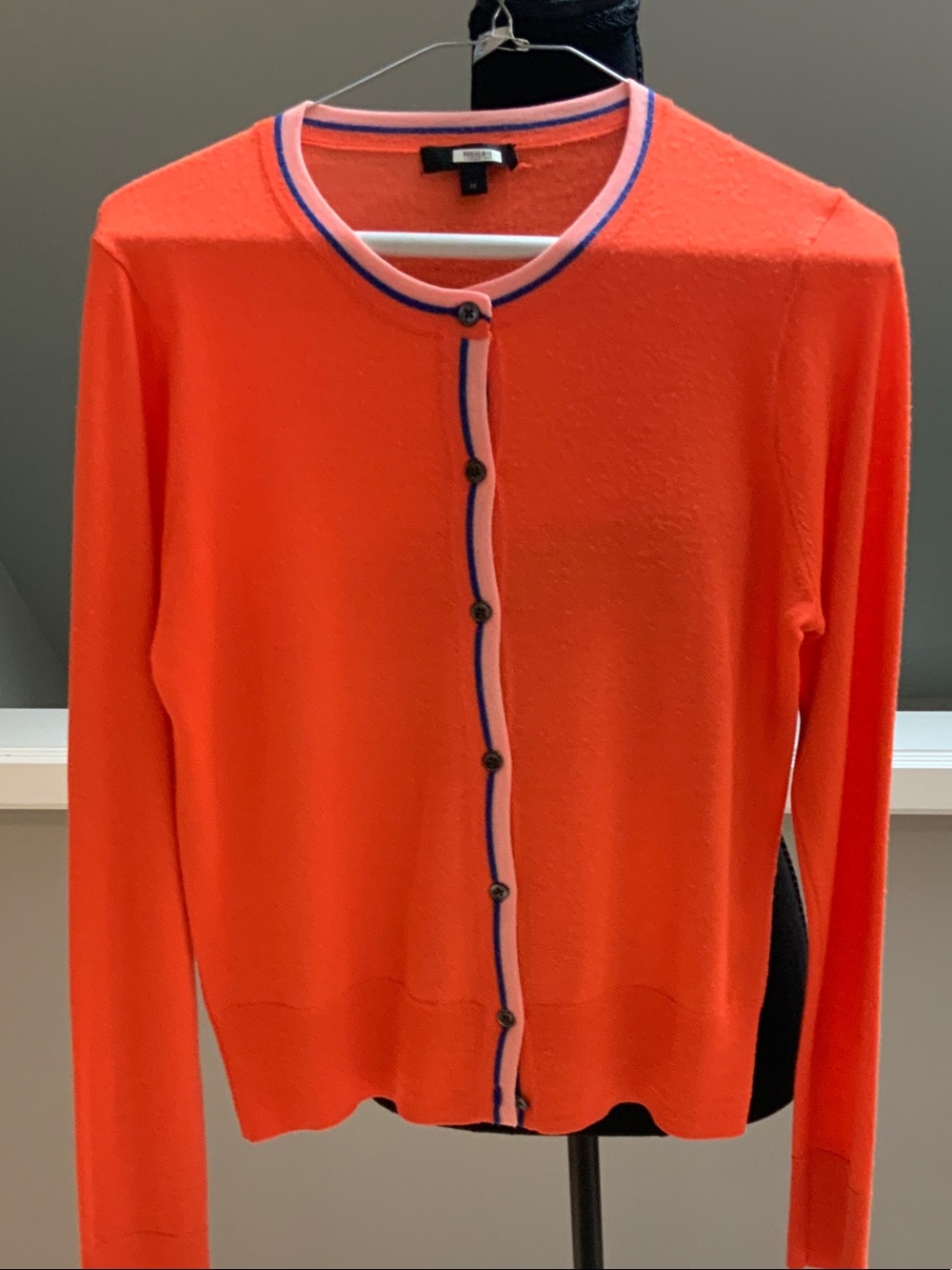 Boden Coral Orange Crewneck Cardigan with Pink and Blue Trim